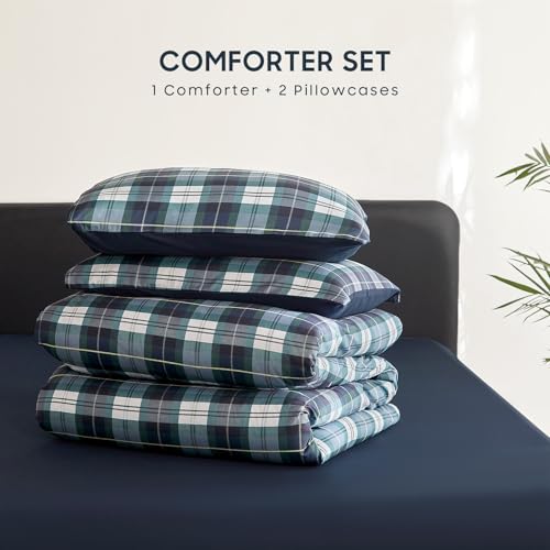 Image of Wake In Cloud - Plaid Comforter Set, Scottish Tartan Check Geometric Modern Pattern Printed, Soft Lightweight Bedding, 3 Pieces, Navy Green, Queen Size