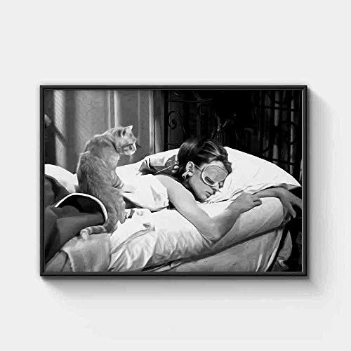 HNZKly Audrey Hepburn Y Gato Sueño Cuadro Negro Blanco Pared Arte Lienzo Pinturas Película Poster Vintage Poster Impresiones Sala Hogar Decoracion 50x70cm / Sin Marco Art