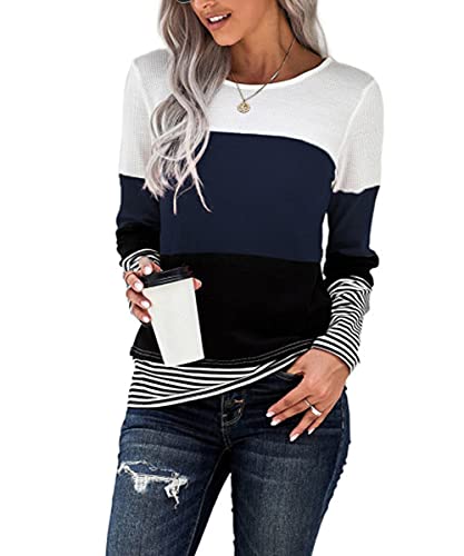 ANFTFH Oberteile Damen Longsleeve Lässige Modenähte Colorblock Damenbluse Rundhals Pullover Blau XL Cover