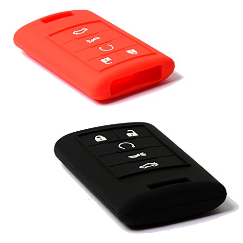 Velsman Smart Key Fob Silicone Case Cover Protector Holder Compatible With Cadillac Ats Cts Dts Sts Xts Srx Escalade, 2014-Up C7 Corvette - With Wrist Strap (Black And Red) #TOP1