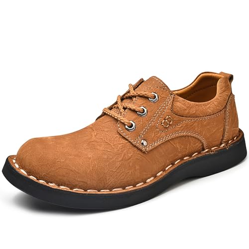 Men's Genuine Leather Lace-Up Loafers Hand Stitching Retro Comfortable Round Toe Anti-Slip Soft Bottom Casual Sneakers for Driving Working Walking Shoes