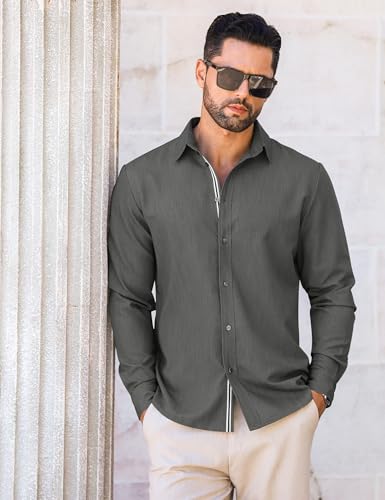 LETSEE Mens Casual Button Down Shirt Untucked Long Sleeve Denim Textured Shirt Strech Wrinkle-Free Dress Shirt3