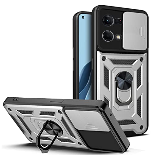 JayModCase Funda para OPPO Reno7 4G Carcasa con Protección Militar Antigolpes, Cubierta de Cámara Deslizante y Soporte de Anillo Giratorio 360° Case for Reno7 4G - Plateado