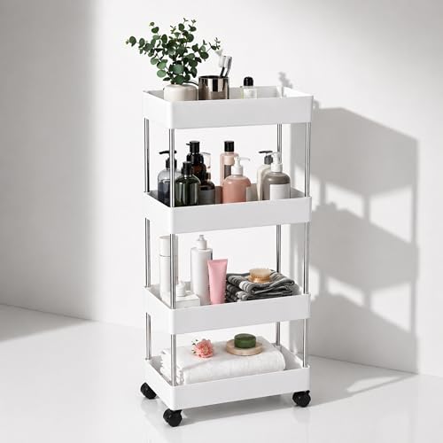 Multipurpose 4-Tier Plastic Storage Rack with Wheels – Slim Organizer Shelf for Kitchen, Bathroom, Office & Home Use (Wh...