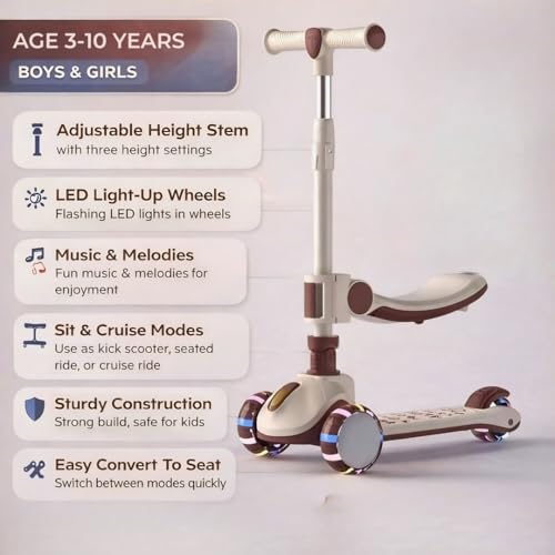 Image of Premium Kids Skate Cycle Scooter | 3 Wheel Foldable Toddler Scooter |4-Level Adjustable Handlebar Height | PU Flashing LED Wheels | Kids Scooter for Boys & Girls Ages 3-12 (KS-267 Brown)