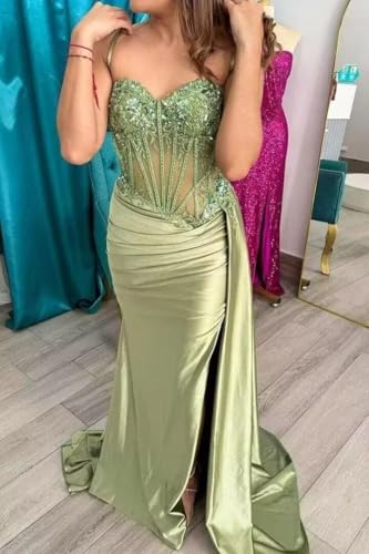 Spaghetti Straps Satin Prom Dresses with Slit 2025 Lace Appliques Long Mermaid Evening Gowns3