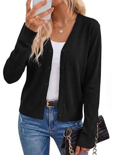 Arach&Cloz Womens Cardigan Sweaters 2026 Spring Summer Fashion Soft Wool Knit Long Sleeve Business Casual Outfits Work Trendy Cashmere Cardigans Lightweight Button Down Dressy Tops Black M