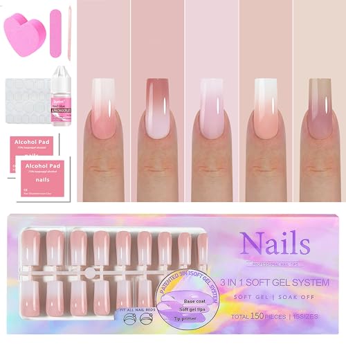 Juego de 150 puntas de uñas postizas, juego de puntas largas de gel suave para uñas de gel, gradiente rosa, 150 unidades