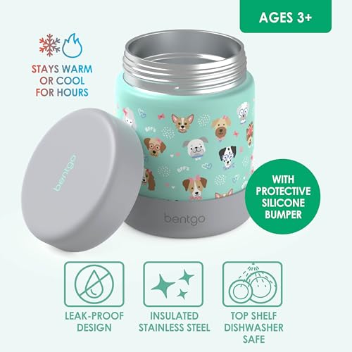 Image of Bentgo Kids Stainless Steel Leak-Proof Food Jar for Hot or Cold Food | 11 fl oz Double Insulated Container with Removable Silicone Bumper, Dishwasher Safe, Easy Open Lid, Ages 3+ (Puppy Love)