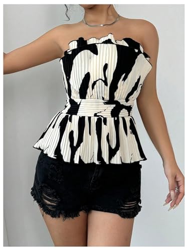 SweatyRocks Women's Ruffle Sleeveless Blouse Color Block Tube Tops Strapless Pleated Tops4