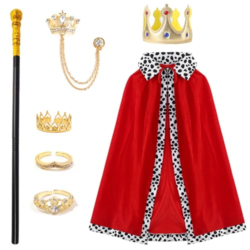 GZJINYUAN 7Pcs King Costume Outfit for Boys-Red Royal Cape Golden Crown Assembled Scepter Crown Chain Brooch 3 Rings(Red)