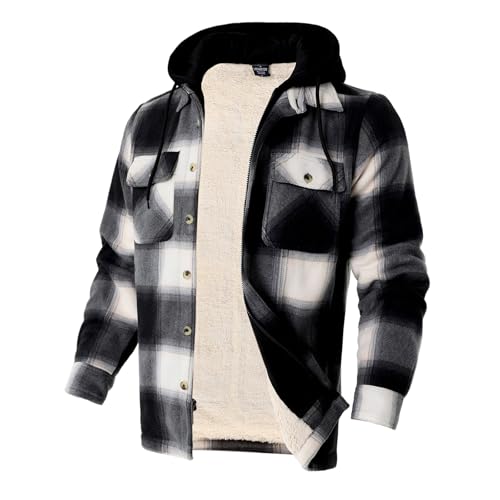 Image of TanBridge Men's Cotton Plaid Shirts Jacket Full Zip Fleece Flannel Sherpa Lined Hoodies Heavyweight Hoodies Jacket for Men