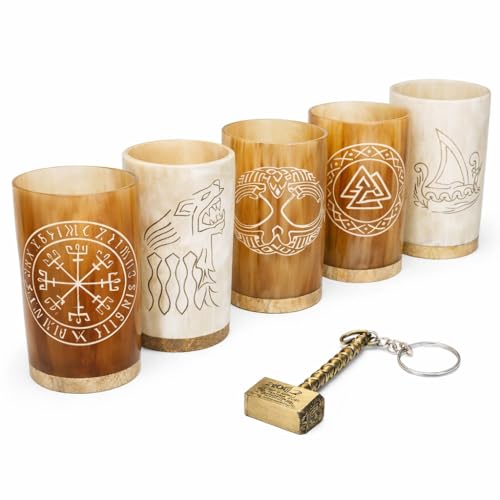 Trondebal Viking Drinking Horn Mug Set of 5 — Authentic Ox Horn Cups with Thor Bottle Opener, Medieval Tankard Beer Stein, Viking Gifts for Men, Dad, Husband, Brother — for Beer, Ale, Mead (7-10 oz)