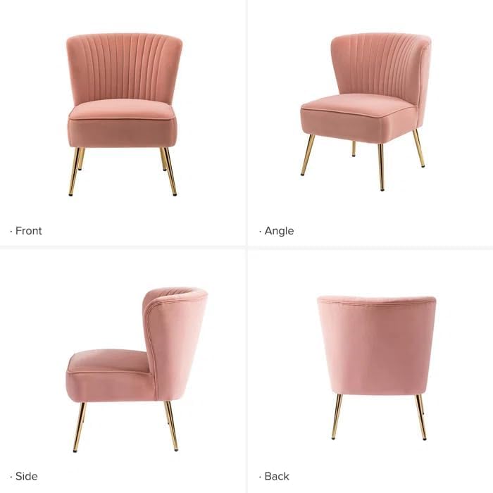 Image of Modern Upholstered Accent Velvet Chair Single Seater Channel Tufted Wing Back Chair with Golden Matel Legs for Living Room, Bedroom, Dining Room, Pink