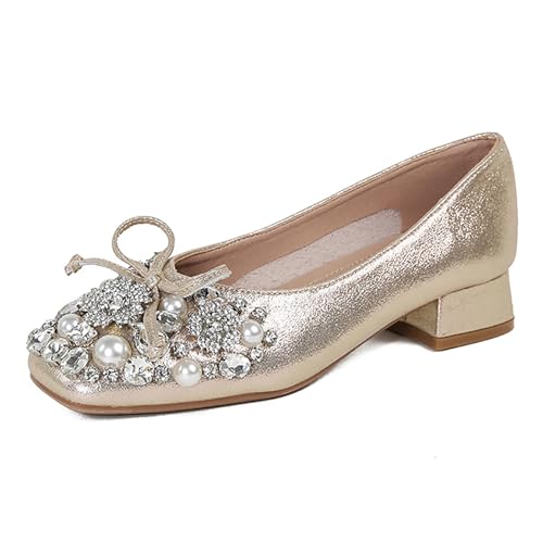 Women's Rhinestone Pearl Bowknot Chunky Heel Pumps,Square Toe Comfort Slip on Walking Dress Shoes Classic Office Wedding Party Shoes