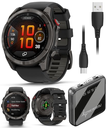 Wearable4U Garmin Fenix 8 Pro – 51mm AMOLED LTE & Satellite Connected Multisport GPS Smartwatch, inReach Technology: Sapphire Carbon Gray DLC Titanium w/Black-Pebble Gray Silicone Band Power Bundle