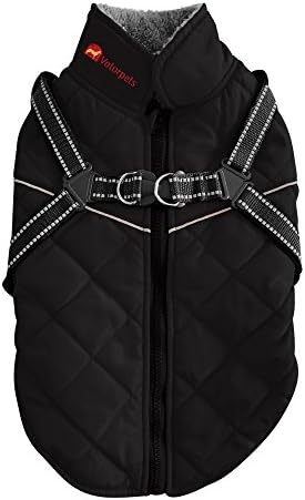 Reflective Dog Jacket With Harness - Windproof and Waterproof Dog Jacket with Reflective Strip - Warm and Cozy Dog Sport Vest - Black - Diamond Quilted  - Medium