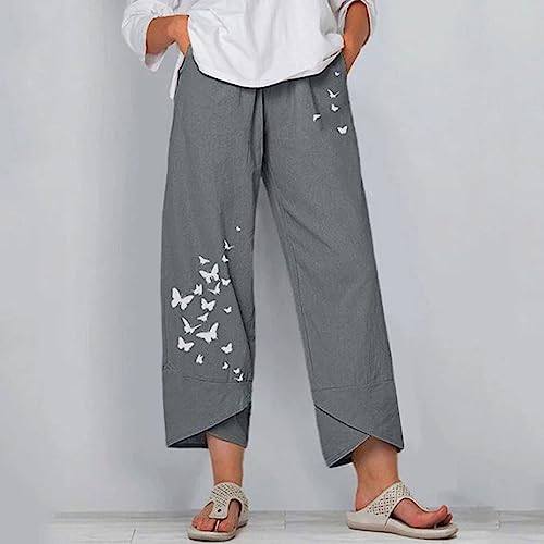 Image of Cotton Linen Capri Pants for Women 2025 Casual Printed Cropped Palazzo Pants Elastic Waist Lounge Baggy Trousers