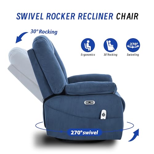 Image of Power Swivel Rocker Recliner Chair for Adults, Electric Rocking Recliner with Massage and Heat for Living Room Bedroom, Fabric Reclining Sofa Chair with USB and Type-C Ports,Navy Blue