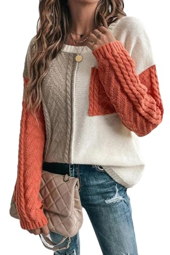 CORIRESHA Women's Casual Round Neck Color Block Pocket Cable Knit Regular Fit Pullover Sweater