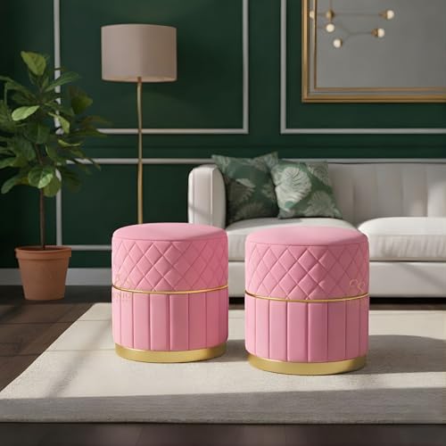 Image of Set of 2 Round Velvet Ottoman Footstool Gold Base - Tufted Upholstered Pouffe Stool for Living Room, Bedroom & Dressing Area (Baby Pink)