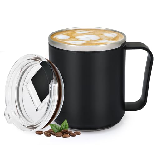VOBAGA 15oz Stainless Steel Coffee Mug with Flat bottom and Handle, Work with Coffee Warmer for Rapid Heating Coffee, Tea and Milk Office Desk Accessories Black