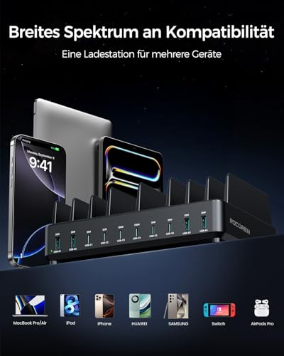 Rocoren 400W Ladestation Mehrere Geräte USB C Charging Station, GaN PD100W 10 Anschlüsse Familien Handy Ladestation Desktop Ladegerät mit Schnell-Laden Kompatibel mit MacBook Pro/Air, iPhone, Galaxy