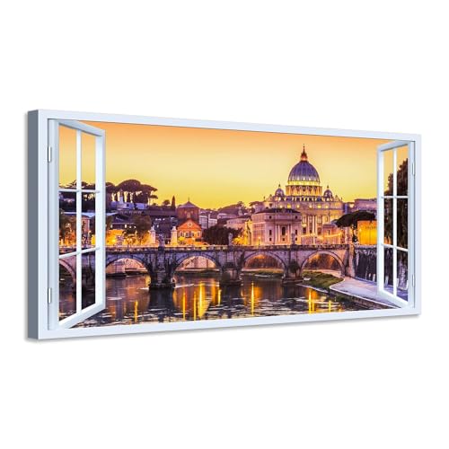 Quadro finestra panorama Roma San Pietro tramonto - Stampa su tela con telaio in legno - 80x40 cm