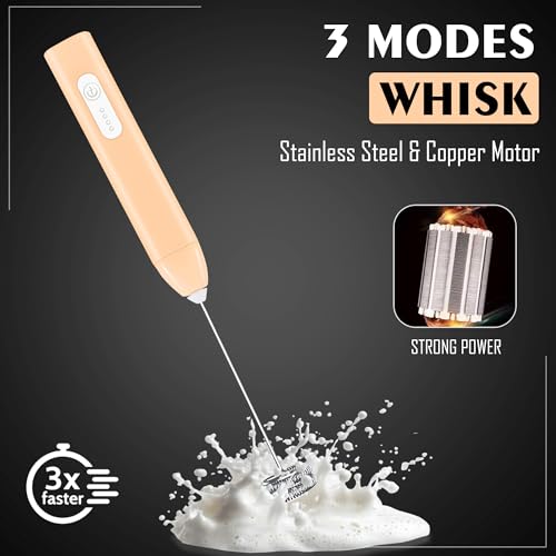 Image of GLUN Portable Coffee Frother Vibe Peach Colour 1 Piece, Type-C Port Rechargeable Handheld Milk Frother with 2-Layer Detachable Steel Whisk, Fast Foam Maker for Latte, Cappuccino & Coffee