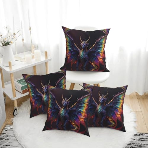 VOSERY Juego de 4 fundas de almohada decorativas con diseño de dragón majestuoso de alas arcoíris de 20 x 20 pulgadas, para sofá, cama, sala de estar, casa de campo, funda de cojín suave