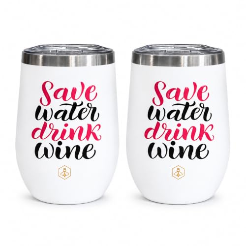 Image of Biddlebee Insulated Wine Tumblers with Lids, 2-Pack, Save Water Drink Wine | Stainless steel stemless glasses; hot or cold for hours; unbreakable outdoor and travel cups; funny gift for mom, bestie