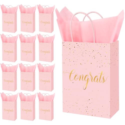 JarThenaAMCS 24Pcs Graduation Gift Bags with Tissue Paper 2026 Congrats Grad Party Treat Bags with Handles for High School College Kindergarten, 8.3 x 5.9 x 3.1 Inches(Pink Gold)