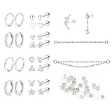 LATRAT 28 piercings para oreja de acero quirúrgico, pendientes pequeños de aro médicos, pendientes de oreja, cartílago, juego de joyas para mujer, plata