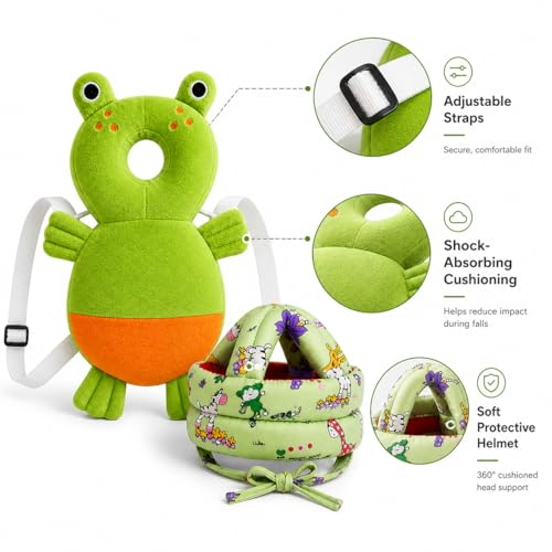 Image of GLUN Baby Back Protector with Head Protective Hat Combo Set, Cute Frog Shape Soft Cushioning, Adjustable Shoulder Belt, Head Protection Gear for 6-18 Month Toddler Kids