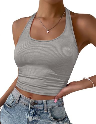 Image of Ekouaer Women Halter Top Backless Scroop Neck Slim Stretchy Ribbed Knit Camisole Crop Tops S-XXL