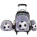 Mochila escolar de rodinhas com LED, kit 3 peças com mochila. lancheira forrada e estojo, para meninos e meninas de 6 a 12 anos (BOLA)