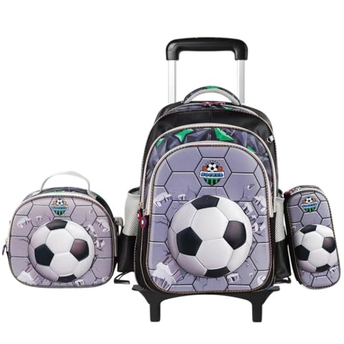 Mochila escolar de rodinhas com LED, kit 3 peças com mochila. lancheira forrada e estojo, para meninos e meninas de 6 a 12 anos (BOLA)