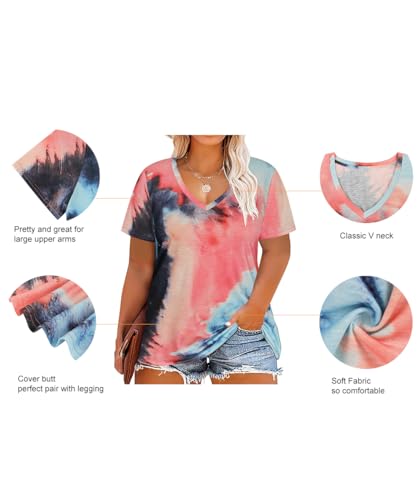 Image of RITERA Women Plus Size Tops Tie Dye V Neck Shirt Floral Camo Summer Short Sleeve Tunic Oversized Ladies Blouse XL-5XL