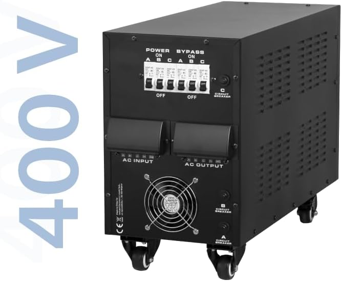 Arrière view of the Kemot PROavr-15k voltage stabilizer with a '400V' overlay, emphasizing its three-phase 400V output capability, showing the AC INPUT and AC OUTPUT terminals.
