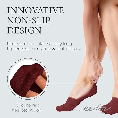 Image of Eedor No Show Socks Women - Low Cut Ankle, Non Slip | Breathable Cotton & Spandex, Flat Boat Line Invisible Socks with Silicone Heel Grips, for Flats, Heals, Loafers