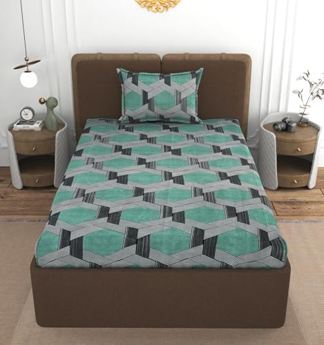 Image of VOMZER 300 Threadcount Elastic Fitted Bedsheets Single Bed with 1 Pillow Cover | Single Bed with All Around Elastic, Size 36 X 72 X 8 Inches Green
