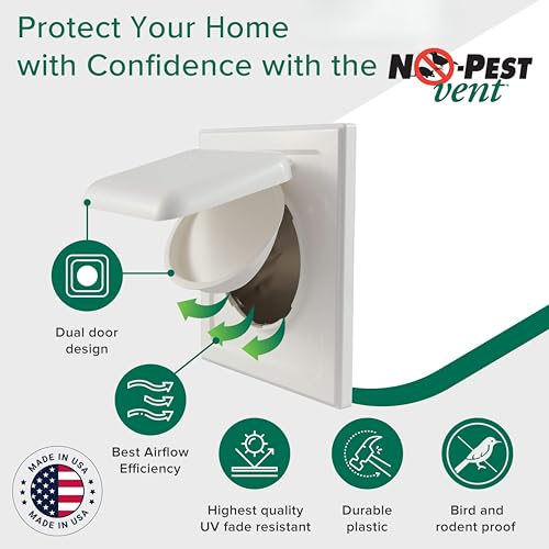 Image of NO-PEST VENT Dual Door Dryer Vent Cover 4 Inch Outdoor, Made in USA, Highest UV-Resistant Plastic, No Lint-Collecting Screen (White, 6 inch Plastic Vent No Collar)