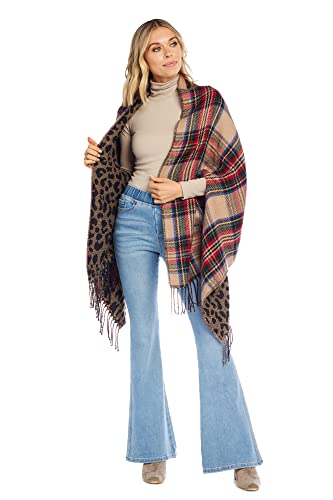 Mud Pie Reversible Tartan and Leopard Womens Scarf Wrap, One Size, Tan4