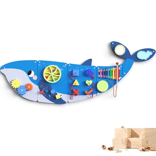 BlueWood Wooden Wall Busy Board Panels, Toddler Learning Activity Center, Montessori Philosophy Sensory, Educational Toys, Conducive to All-Round Development - Whale