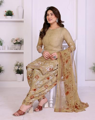 Image of Yashika Women's Printed Dress Material - Unstitched Crepe Fabric Kurti, Pants & Dupatta Set