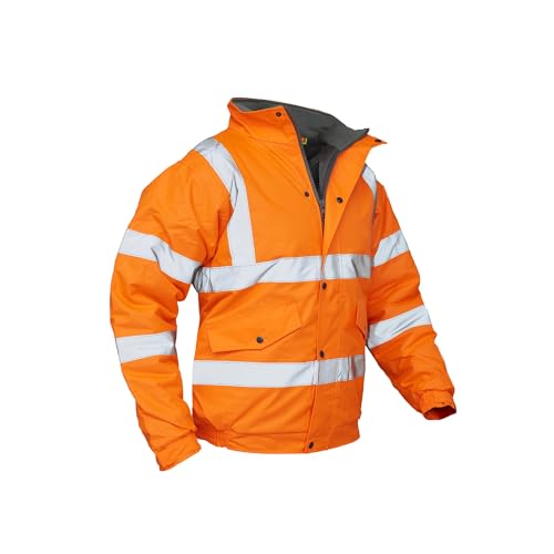 Image of VELTUFF Waterproof Hi-Vis Bomber Jacket - Waterproof Work Jacket with Reflective Tape, High Visibility Safety Coat for Men (UK, Alpha, XL, Regular, Regular, Orange)