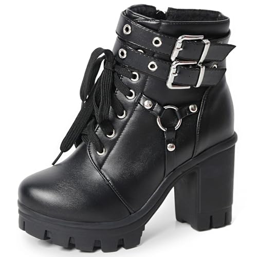 Image of MEOTINA Goth Women Platform High Heel Boots Buckle Combat Ankle Booties | Features edgy gothic steampunk rave emo sexy cosplay styling, designed with thick heel, buckle, studded ,lace up and zipper