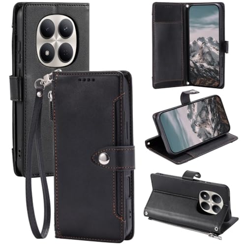 Housse Xiaomi 15T étui en cuir noir à rabat et finitions zippées soignées