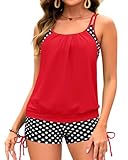 Holipick Women Red and Dot Tankini Swimsuits Two Piece Tummy Control Bathing Suits Blouson Swim Tank Top with Boy Shorts M