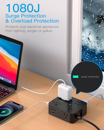 Power Bar Surge Protector, 5 Ft Flat Plug Exetnsion Cord with Multiple Outlets, Power Strip with 4 USB Ports(2 USB C), Wall Mount for Home Office College Dorm Room Essentials, ETI  image 5